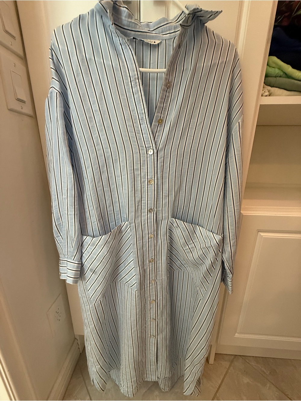 Zara Pale Blue and White Vertical Stripe Maxi Shirt Dress
